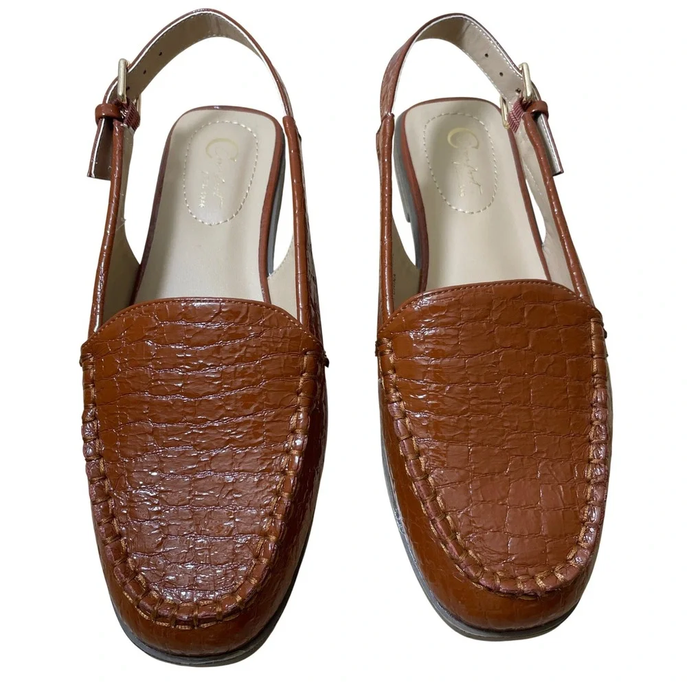 Comfort Est 1946 Womens 9W Cognac Brown Croc Embossed Slingback Loafers Flats